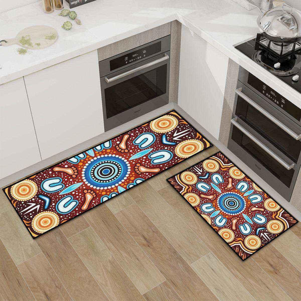 Aussie Dreamtime Australia Kitchen Area Rug Set - Indigenous Circle Dot Art Footprints Painting - View 1