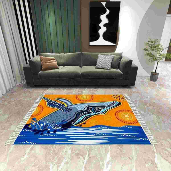 Aussie Dreamtime Australia Aboriginal Area Rug with Tassels - Humpback Whale Breaching in the Ocean - View 1