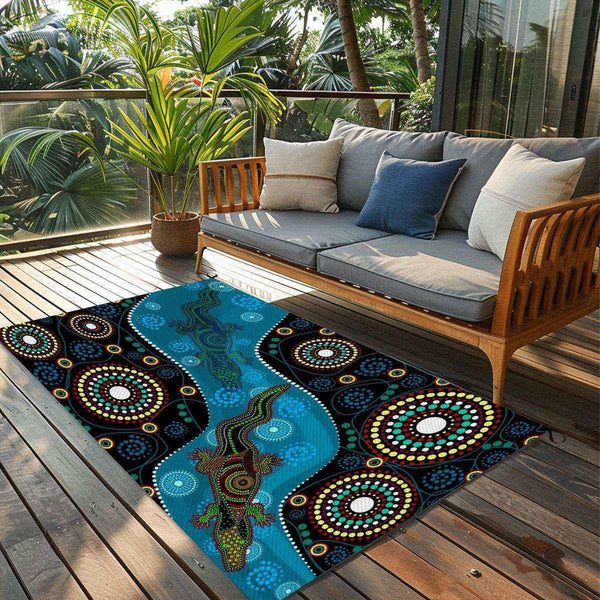 Aussie Dreamtime Australia Outdoor Plastic Straw Rug - Aboriginal Dreamtime Crocodiles - View 1
