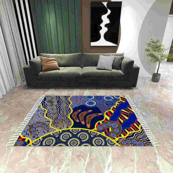 Aussie Dreamtime Australia Aboriginal Area Rug with Tassels - Beautiful Dot Art Concept With Boomerangs - View 1