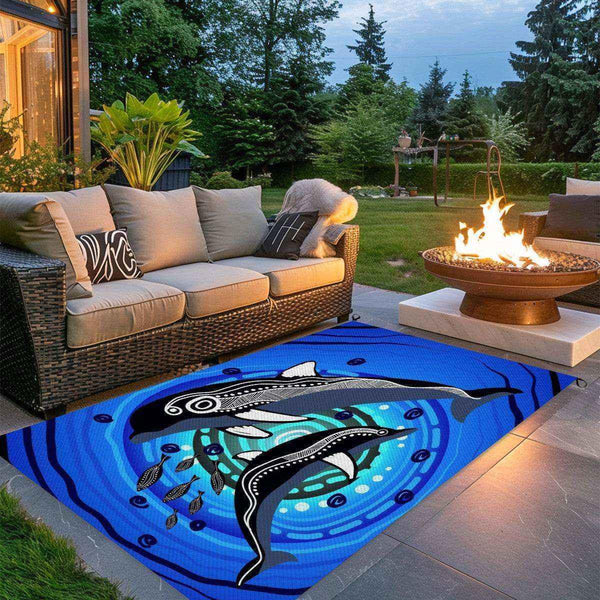Aussie Dreamtime Australia Outdoor Plastic Straw Rug - Mother and baby Dolphin Aboriginal artwork - View 1
