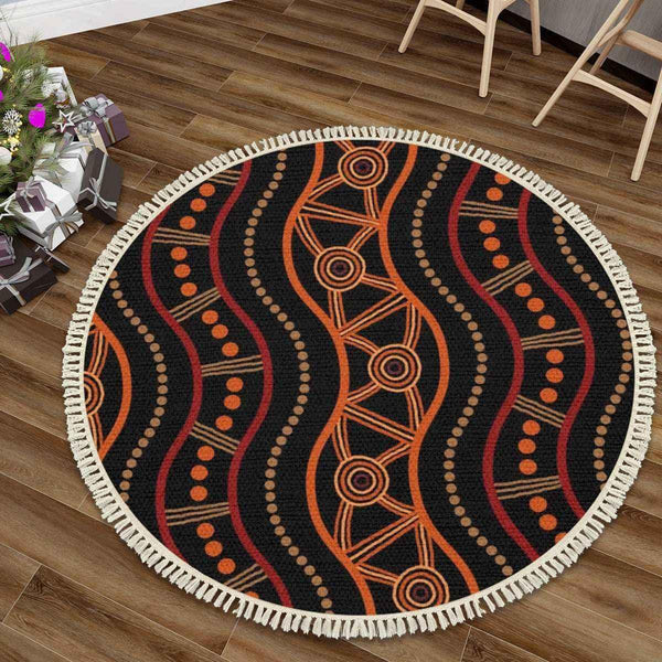 Aussie Dreamtime Australia Aboriginal Round Rug with Tassels - Aboriginal River Concept - View 1