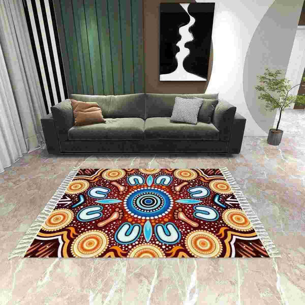 Aussie Dreamtime Australia Aboriginal Area Rug with Tassels - Indigenous Circle Dot Art Footprints Painting - View 1