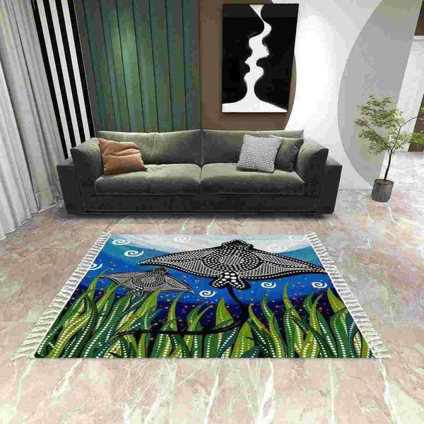 Aussie Dreamtime Australia Aboriginal Area Rug with Tassels - Aboriginal style of Stingray art - View 1