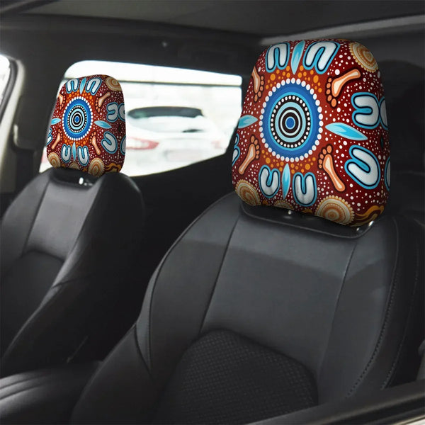 Aussie Dreamtime Aussie Dreamtime Car Headrest Covers – Indigenous Circle Dot Art Footprints Painting | Free Gift - View 1