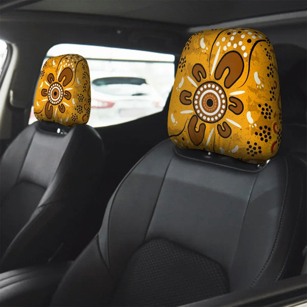 Aussie Dreamtime Aussie Dreamtime Car Headrest Covers – Indigenous Footprints And Flowers Painting | Universal Fit Vehicle Accessories - View 1