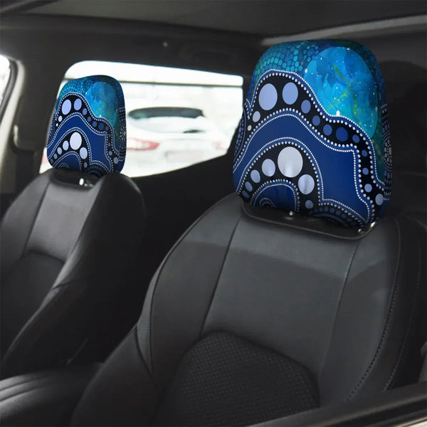 Aussie Dreamtime Aussie Dreamtime Car Headrest Covers – Indigenous Sun Dot Art Pattern Painting Blue | Universal Fit Vehicle Accessories - View 1