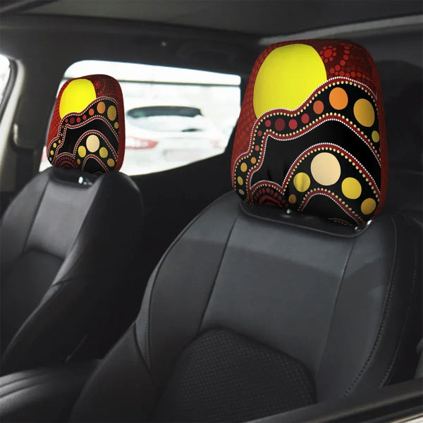 Aussie Dreamtime Aussie Dreamtime Car Headrest Covers – Indigenous Sun Circle Dot Painting Art | Universal Fit Vehicle Accessories - View 1