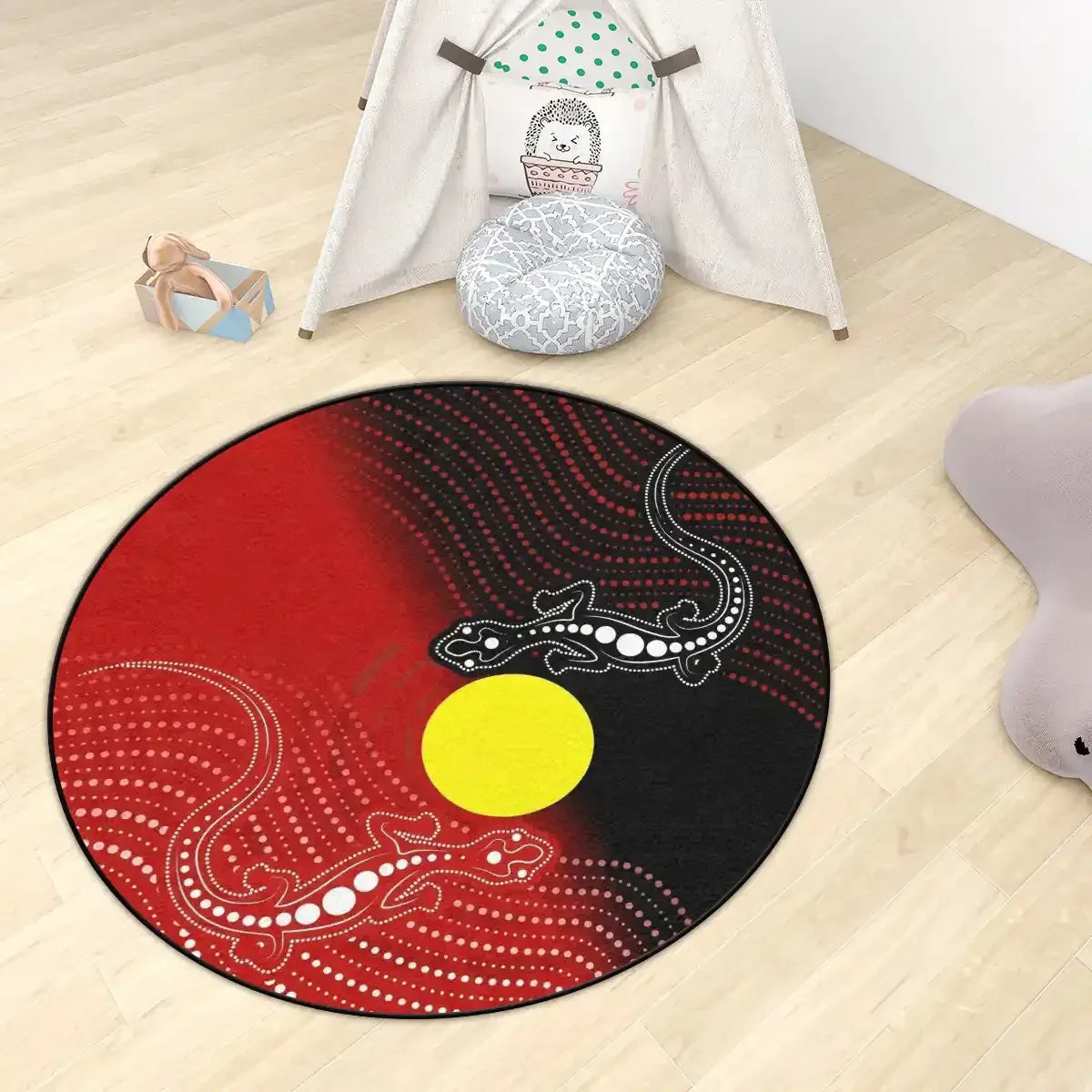 Australia Aboriginal Round Rug - Lizards with Indigenous Flag Dot ...