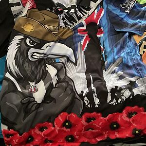 Eagle wearing a hat with a British flag, surrounded by red poppies and silhouettes of soldiers.