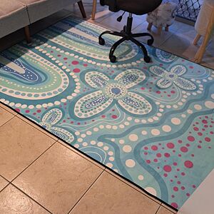 Decorative rug with floral pattern on a tiled floor