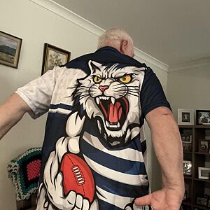 Person wearing a shirt with a tiger design in a living room setting