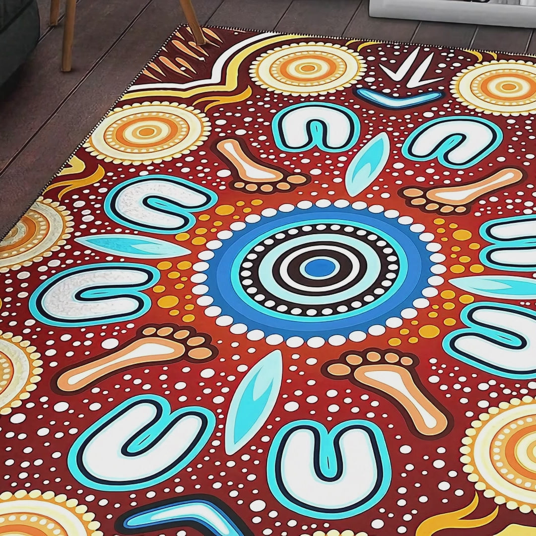 Australia Aboriginal Area Rug - Indigenous Circle Dot Art Footprints Painting - Aussie Dreamtime