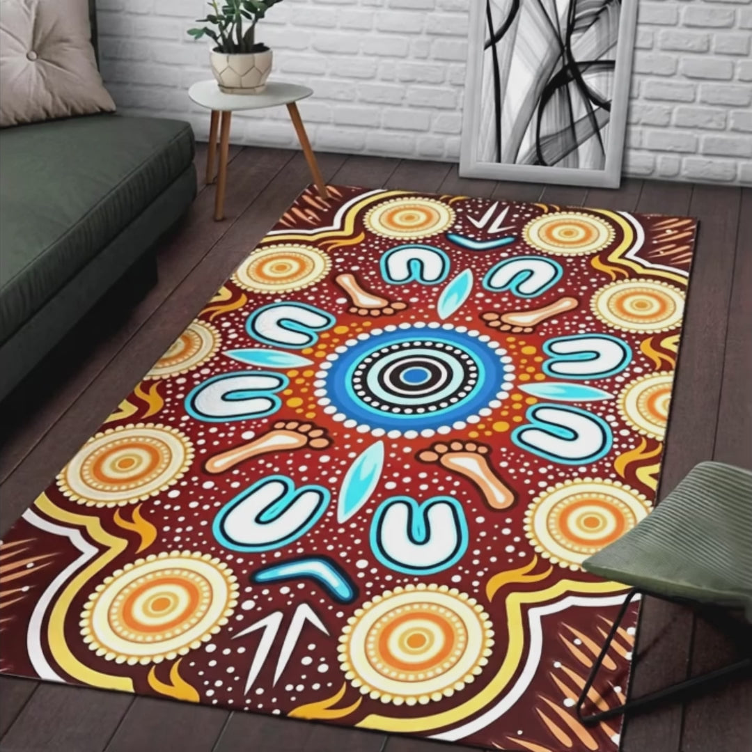 Australia Aboriginal Area Rug - Indigenous Circle Dot Art Footprints Painting - Aussie Dreamtime